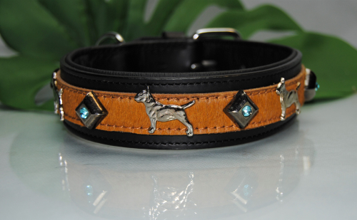 Lederhalsband Bullterrier mit Kuhfell, Kristall 50cm x 4cm